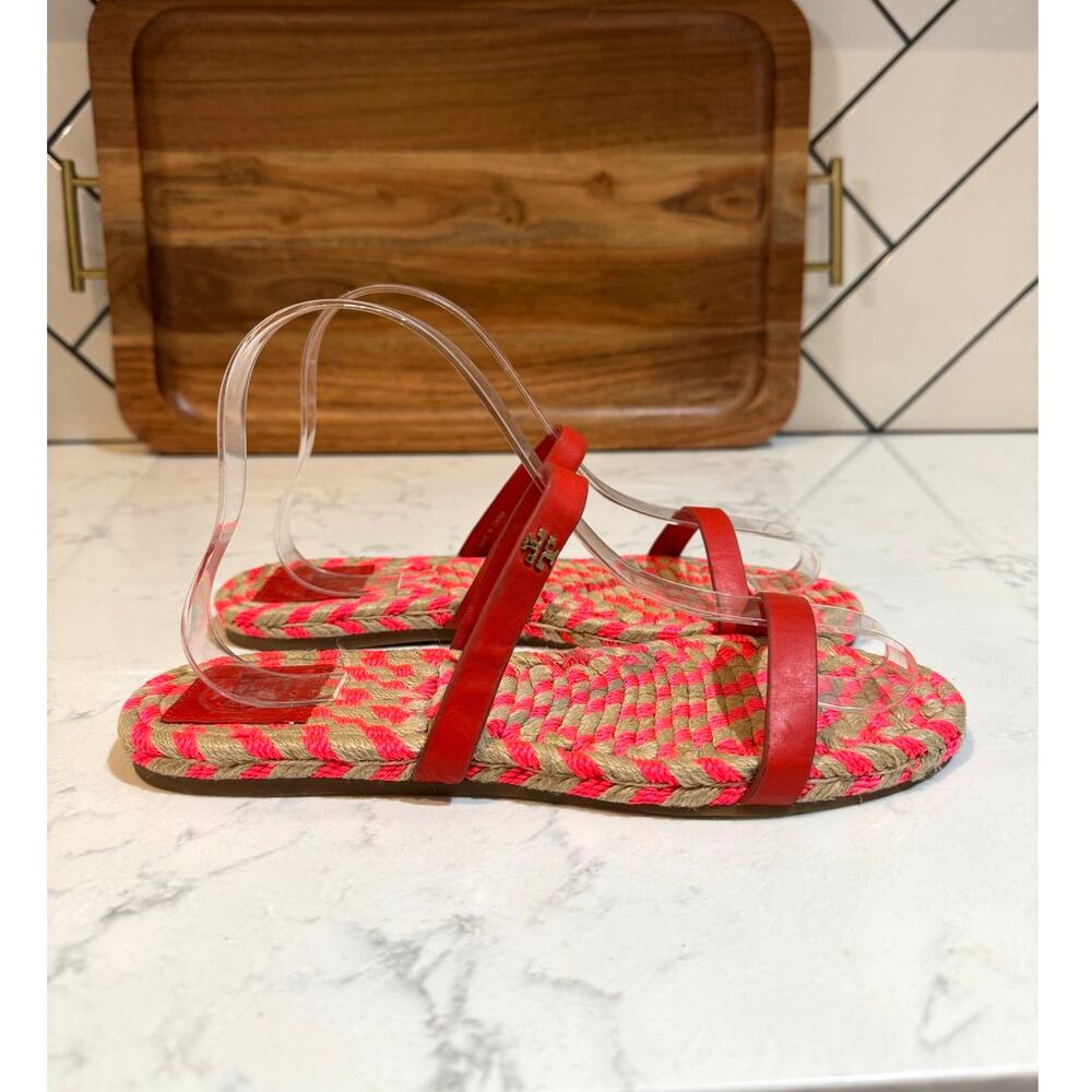 Tory Burch Lola flat slide sandals poppy orange braided jute leather size 7.5